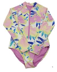 Bielo-ružové kvetované jednodielne plavky s UV ochranou Next