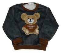 Tmavošedo/hnědá plyšová zateplená mikina s medvedíkom