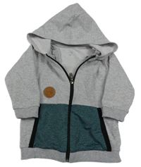 Sivo-šalvějová melírovaná prepínaci mikina s nášivkou a kapucňou