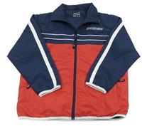 Tmavomodro-červená šušťáková jarná športová bunda s logom a pruhmi DONIC