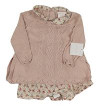 Pudrovo-světlepudrové pleteno/plátěné šaty so vzorom a kvietkami a golierikom SHABY CHIC