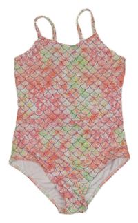 Jahodovo-bílo-zelené třpytivé jednodíné plavky se šupinkami