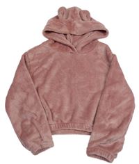 Staroružová plyšová crop mikina s kapucňou s uškami