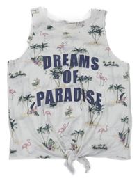 Biely crop top s nápismi a plameňáky a palmami a uzlom H&M