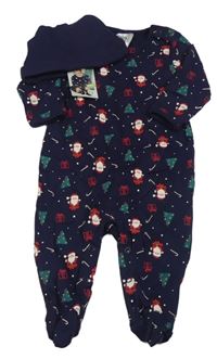Nové - 2set - Tmavomodrý overal se Santy a stromky + bavlněná čepice Pocopiano