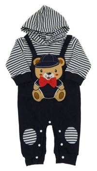 Tmavomodro-bílá kombinéza s medvědem a kapucí