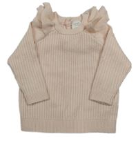 Svetloružový rebrovaný sveter s volánikmi Next