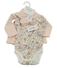 Nové - 4set - Smetanové květované body + světlerůžová prošívaná zavinovací mikina + slinták + rukavičky