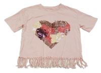 Ružové tričko so srdcem z překlápěcích flitrů a strapcemi F&F