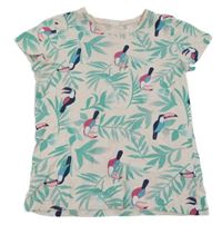 Svetloružové tričko s listami a tukanmi