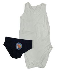 2set - Bílé body + tmavomodré slipy s dinosaurem
