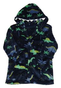 Tmavomodrý chlupatý župan s dinosaury a kapucí