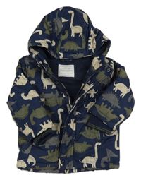 Tmavomodrá šušťáková zateplená bunda s dinosaurami a kapucňou Primark