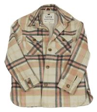 Smetanovo-šedo-růžová kostkovaná vlněná košilová bunda F&F