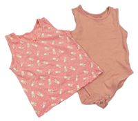 2set - Starorůžové body + růžová košilka s králíky