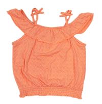 Neónově korálový vzorovaný crop top s volánikom Yigga