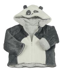 Šedo-bílá sametová zateplená propínací mikina s kapucí - panda 