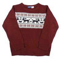 Vínovo-bielo-tmavomodrý sveter s jeleňmi a norským vzorom Lupilu