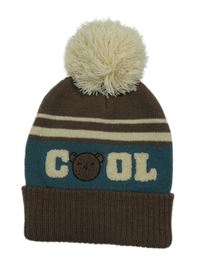 Hnědo-béžovo-modrá čepice s nápisem a bambulí 