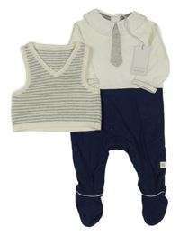 Nové - 2set - Bílo-tmavomodrý overal s kravatou + šedo-bílá pruhovaná svetrová vesta Mothercare