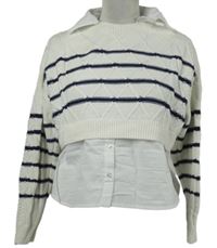 Dámský bílo-tmavomodrý pruhovaný crop svetr s halenkovou vsadkou Primark 