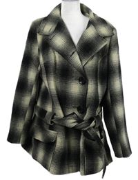 Dámský černo-šedý kostkovaný vlněný kabát s páskem 