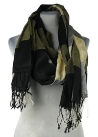 Dámska čierno-béžová kockovaná šál s strapcemi