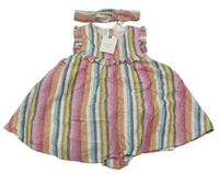 3set- barevné pruhované lněné šaty+ kalhotky pod šatičky+ čelenka next