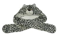 Bílo-černá chlupatá čepice se šálou- leopard