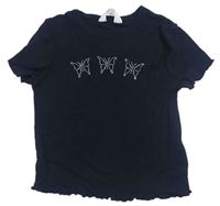 Čierne rebrované crop tričko s motýly H&M
