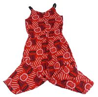 Červeno-ružovo-tmavomodrý vzorovaný culottes overal