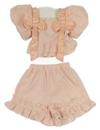 2set - Světlerůžové mačkané crop tričko s mašlemi + kraťasy Shein