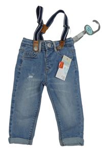 Nové - Modré skinny rifle s kšandami Primark