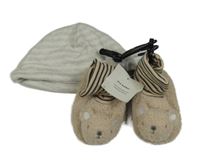 2set - Hnědé huňaté capáčky s medvídky- nové + pruhovaná čepice 