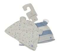 Nové - 2x bavlněná čepice - bílá s hvězdami + světlemodrá pruhovaná Dunnes