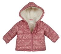 Růžová šusťáková prošívaná zimní bunda s puntíky a kapucí F&F