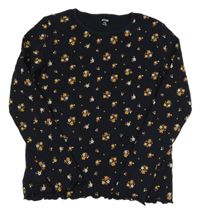 Tmavomodré rebrované tričko s kvietkami Kiabi