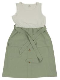 Bílo-khaki ľahké šaty s opaskom a vreckami shein