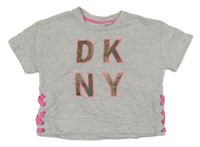 Sivá mikina s nápisom a ružovým šnurovaním DKNY