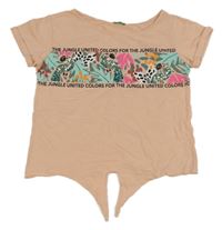 Marhuľové crop tričko s papoušky z flitrů Benetton