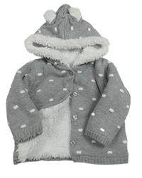 Šedý propínací zateplený svetr s bambulkami a kapucí Matalan