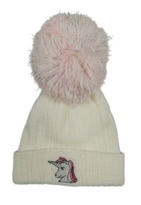 Smetanová pletená žebrovaná čepice s bambulí a jednorožcem 