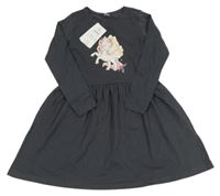 Nové - Tmavošedé bavlněné šaty s jednorožcem Dopodopo