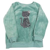 Mátová chlpatá mikina s kočkou z překlápěcích flitrů Topolino