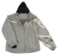 Šedá šusťáková zimní lyžařská bunda s potiskem a kuklou