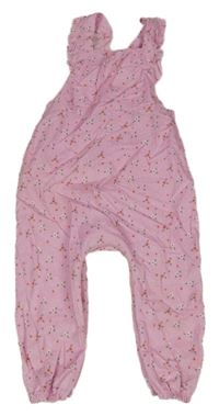 Světlerůžové manšestrové laclové kalhty s kytičkami Dunnes