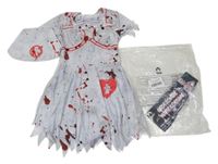Nové - Kostým - 3set - Šedo-červené šaty + čepice + rouška - zombie sestřička 