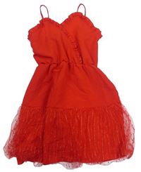 Červené vzorované šaty s volániky a tylem s bodkami SHEIN