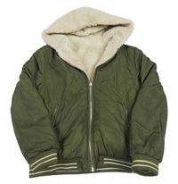 Khaki šusťákový zateplený oboustranný bomber s pruhmi a kapucňou PRIMARK