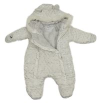 Bílá prošívaná šusťáková zimní kombinéza s mašličkami a kapucí s kožešinou a oušky ORCHESTRA